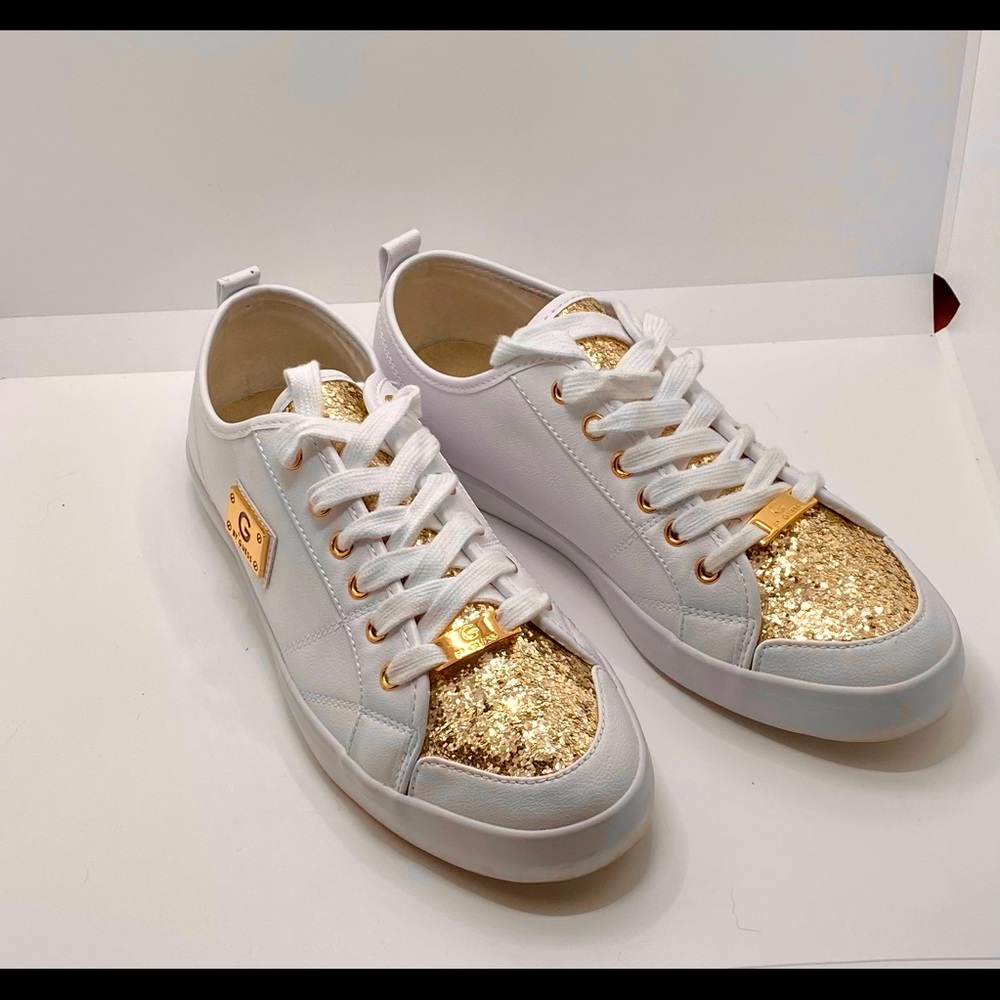 G by Guess White leather gold glitter Mallory sneakers